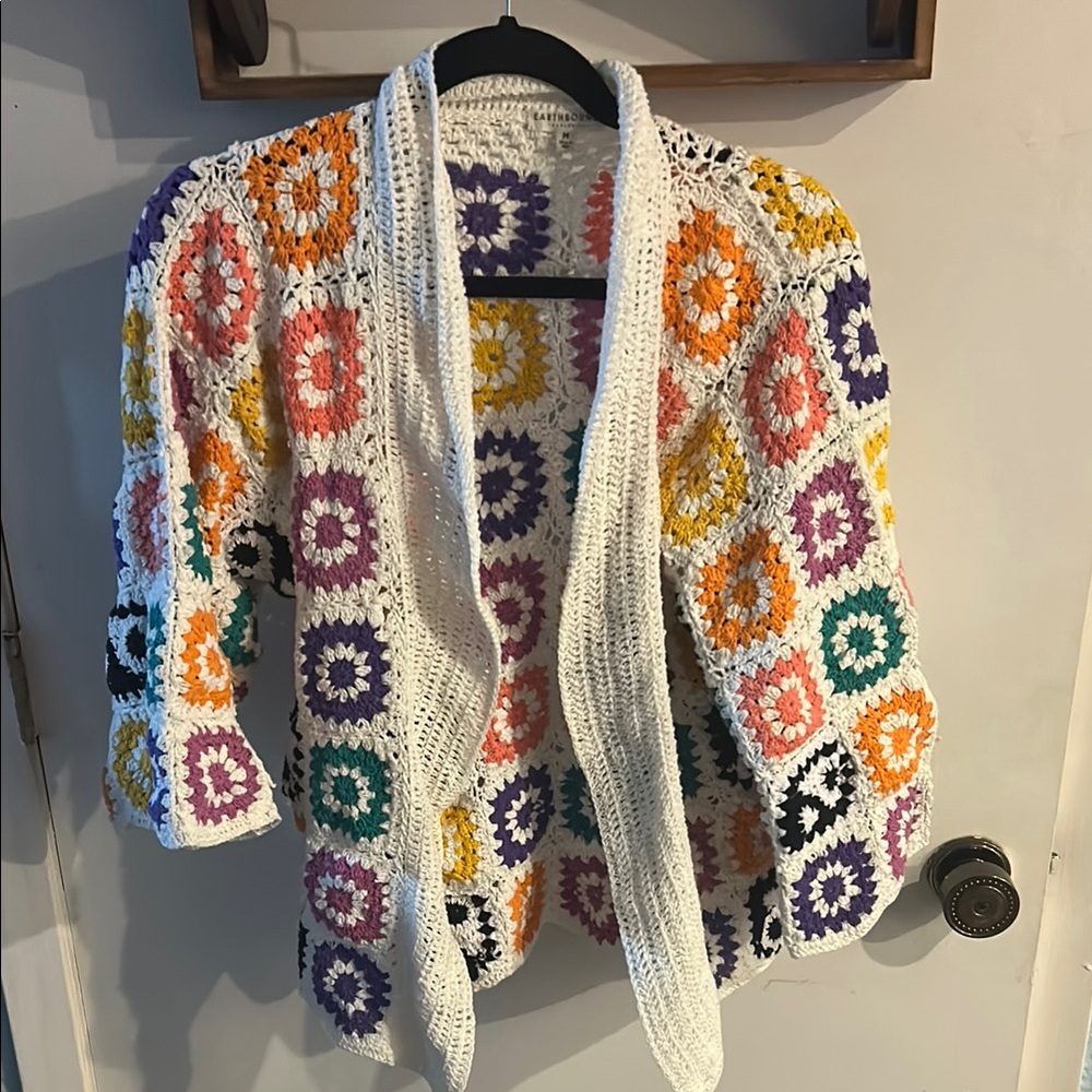 EARTHBOUND White and Orange Crochet Cardigan Sweater